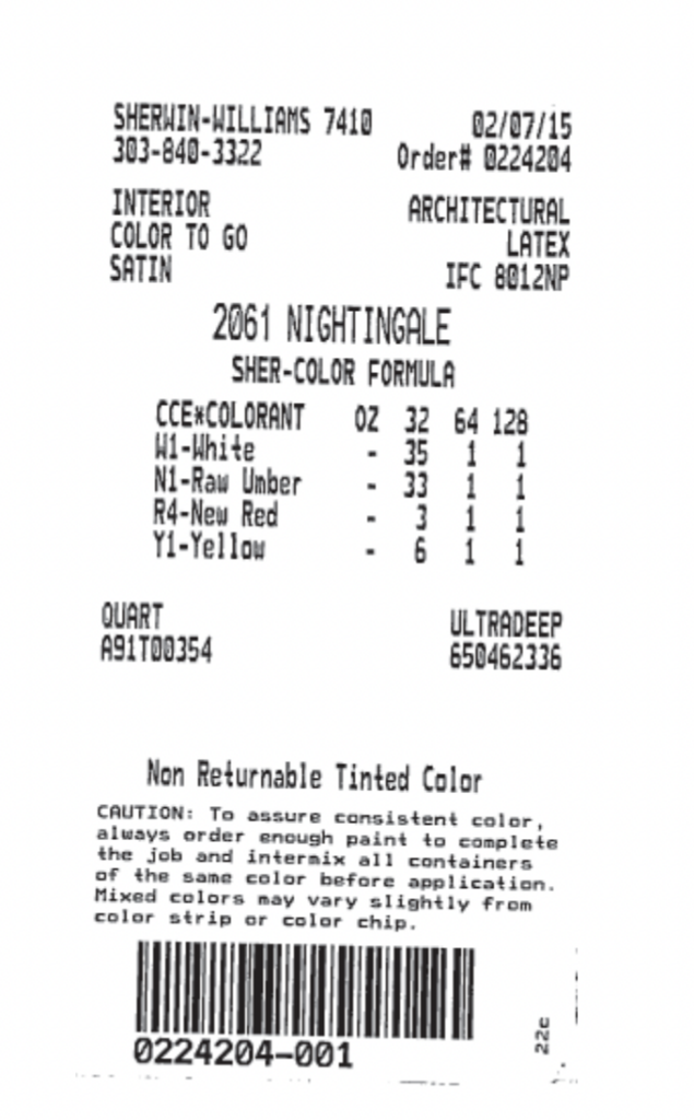 A sample receipt for paint at Sherwin Williams.