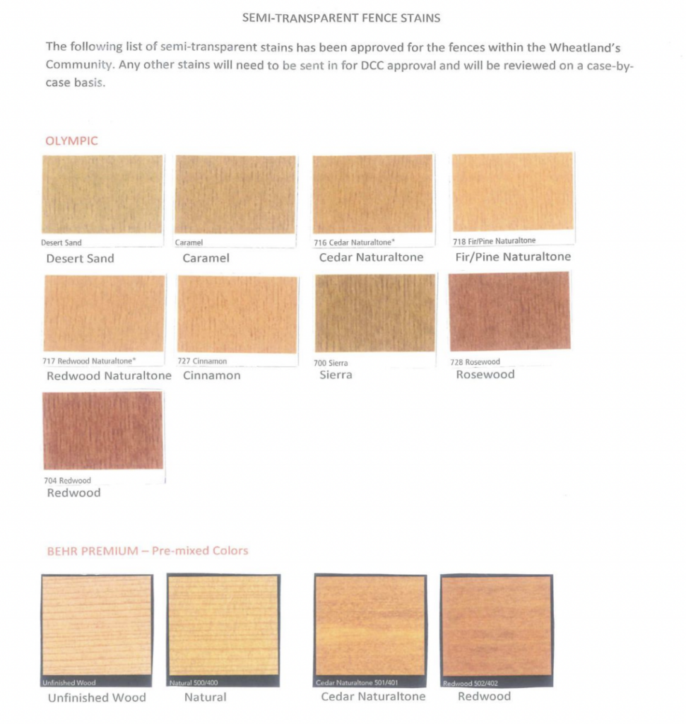 Stain color swatches approved by the HOA.