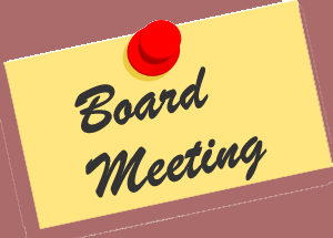 illustration with yellow paper and a red push pin with the words "Board Meeting" in cursive.
