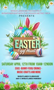 Colorful Easter Egg Hunt event flyer with eggs, flowers, and event details.