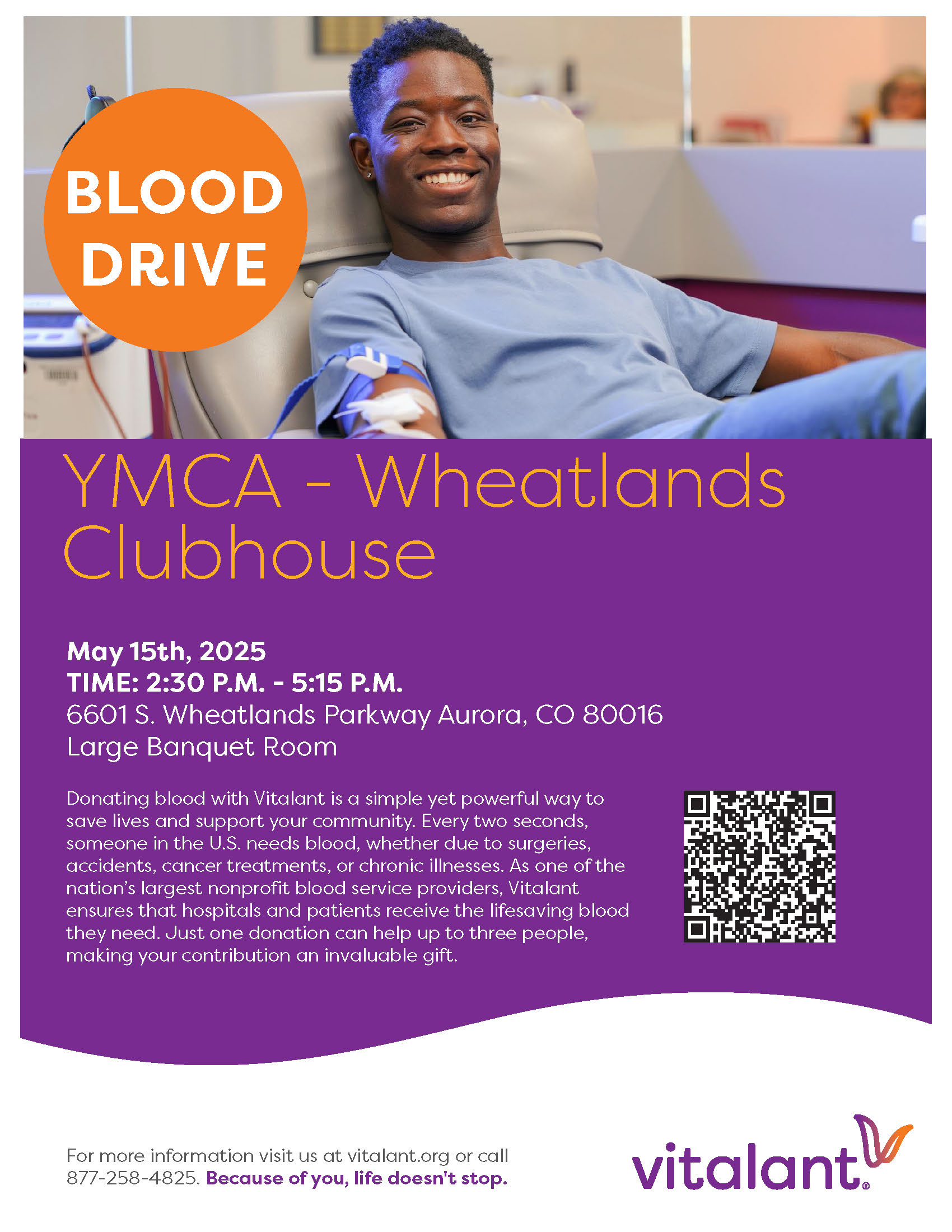 Flyer for a blood drive at YMCA - Wheatlands Clubhouse, featuring a man donating blood and event details.
