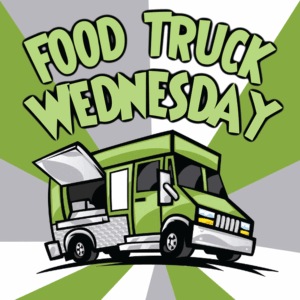 Illustration of a green food truck with "Food Truck Wednesday" text above.