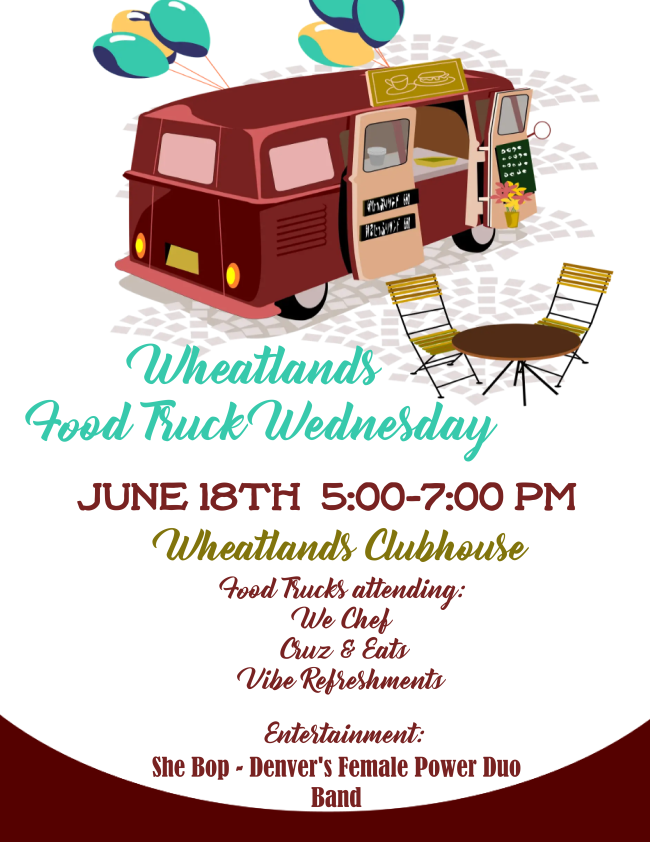 Poster for Wheatlands Food Truck Wednesday with an illustration of a red food truck and event details for June 18th at 5-7pm