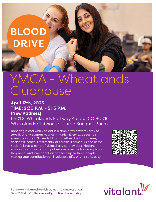 Flyer for Vitalant Blood Drive event on April 17, 2025 at 2:30-5:15pm. Registration QR code.