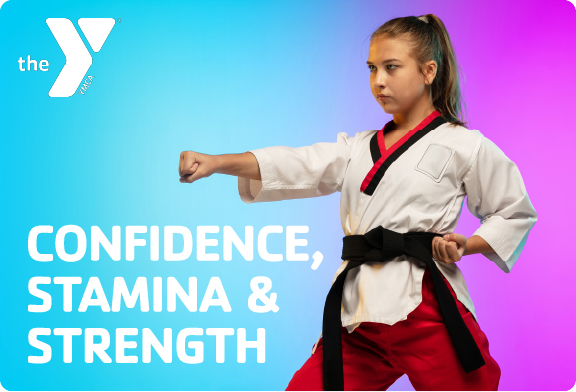 A girl in a martial arts pose with a white uniform and black belt, against a blue to purple gradient background with the Y logo and text promoting confidence, stamina, and strength.