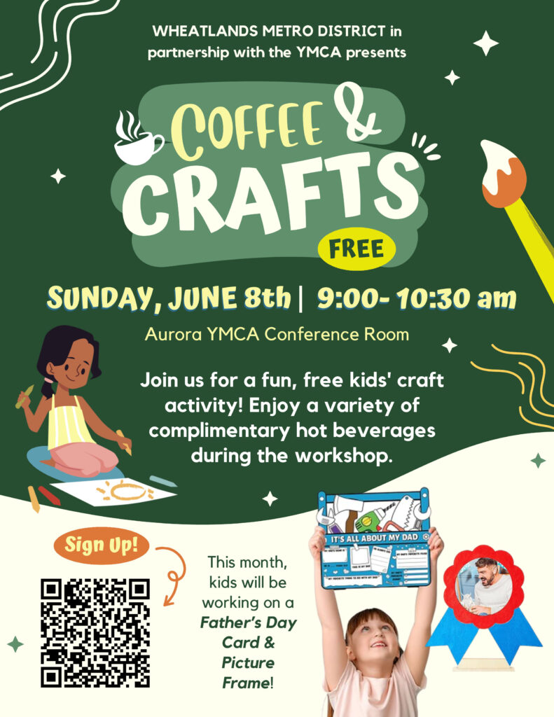 Flyer for a "Coffee & Crafts" event on June 8th at Aurora YMCA, featuring kids' activities and free hot beverages.