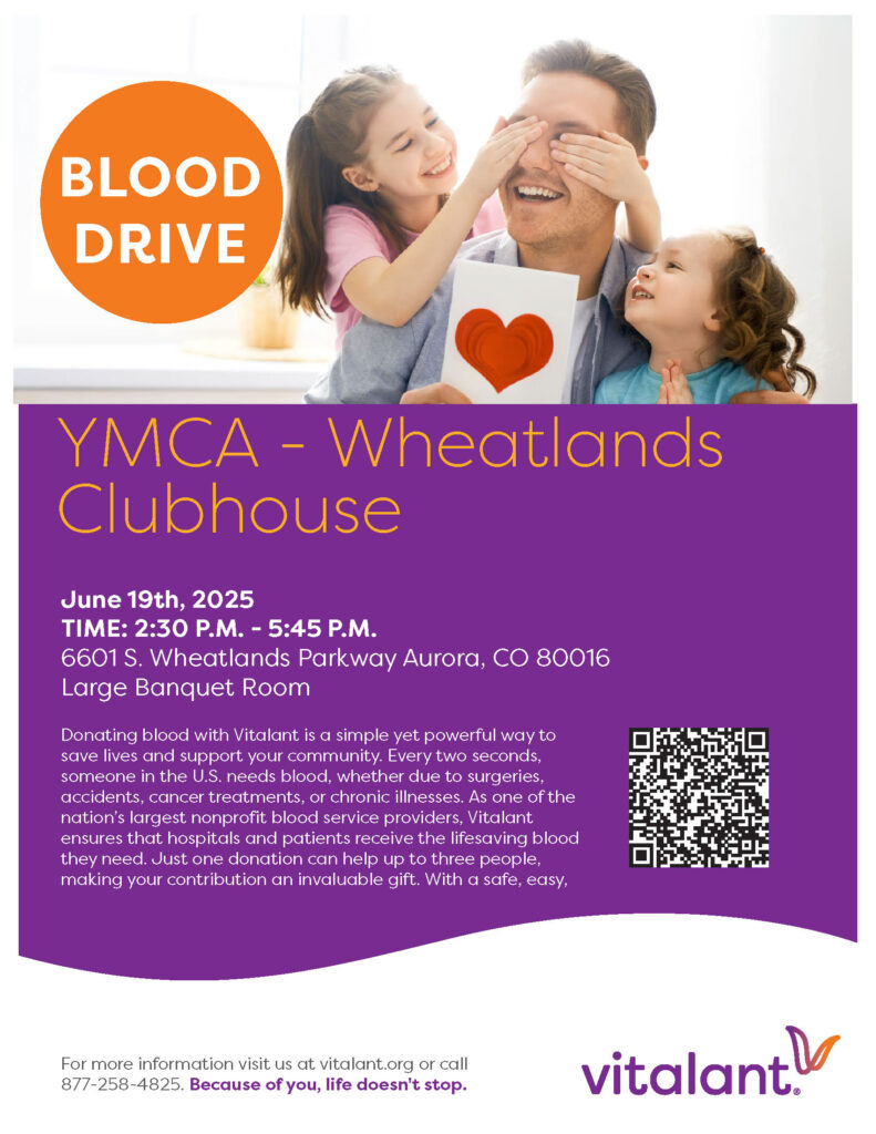 Flyer for a blood drive at YMCA - Wheatlands Clubhouse on June 19th, 2025, from 2:30 PM to 5:45 PM.