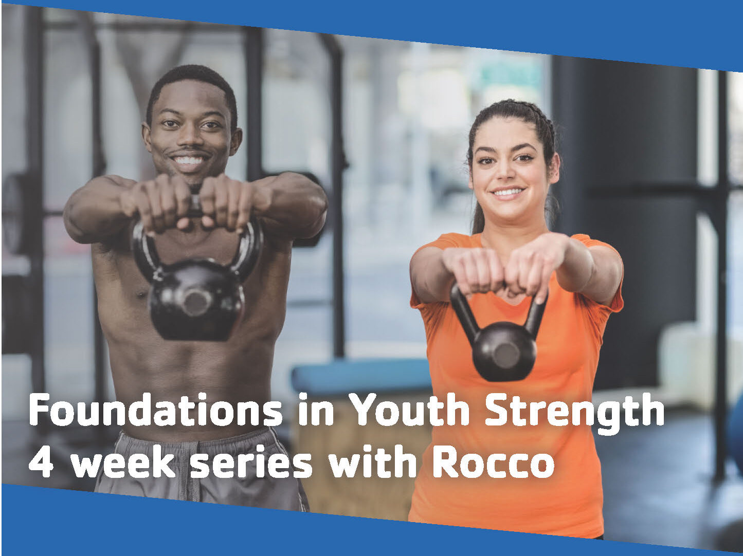 Two people holding kettlebells out in front of their bodies.