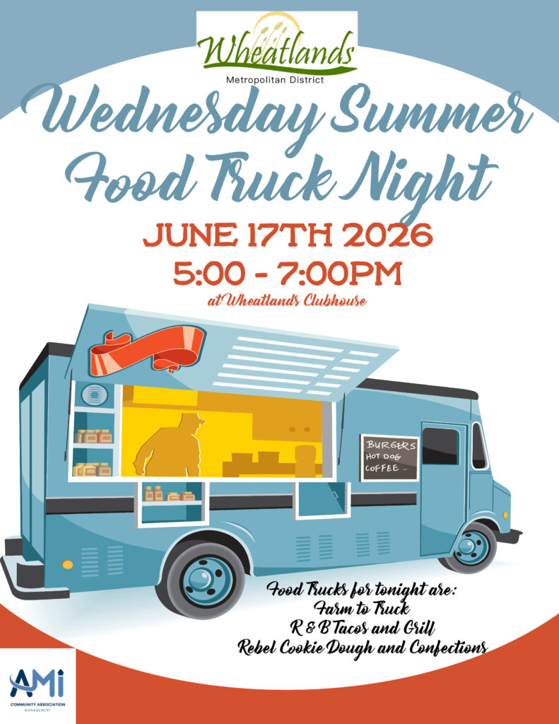 Poster for a Wednesday Summer Food Truck Night with a blue food truck illustration and event details.