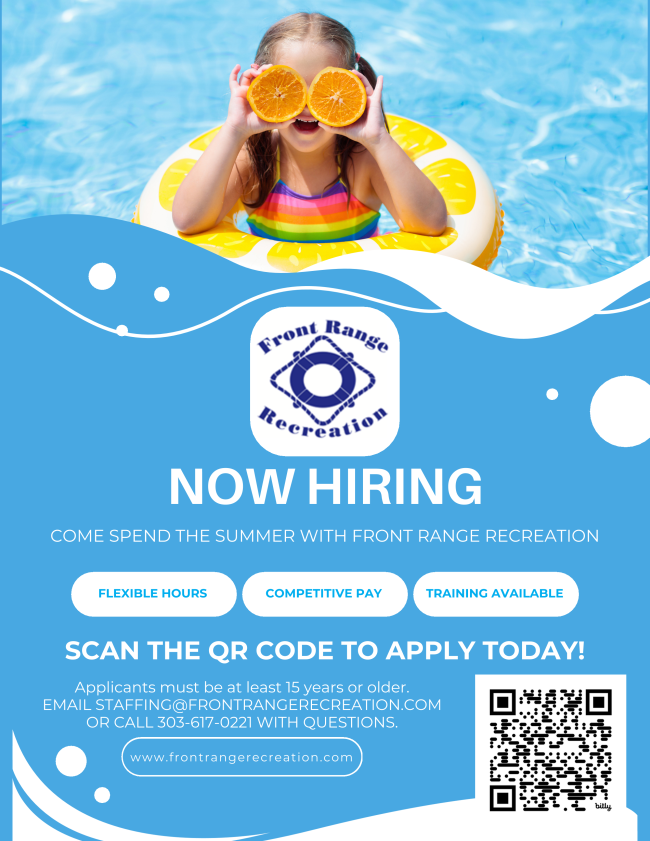 Now Hiring Lifeguards flyer with Front Range Recreation