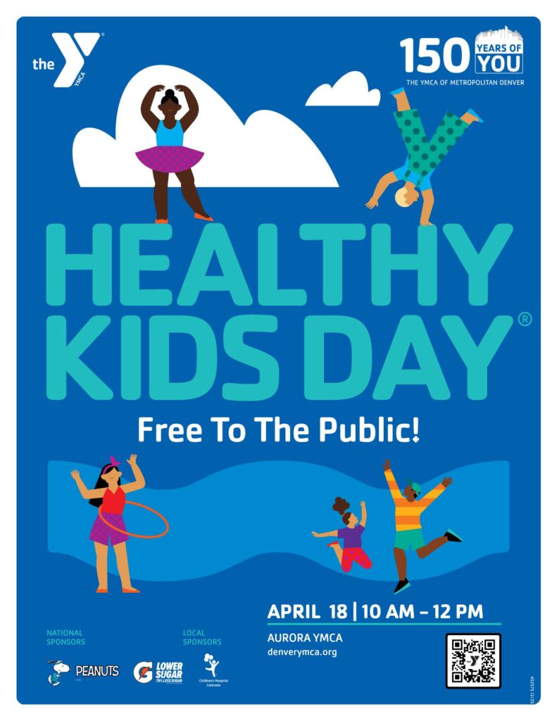 Bold blue flyer for free Health Kids Day event April 18th.