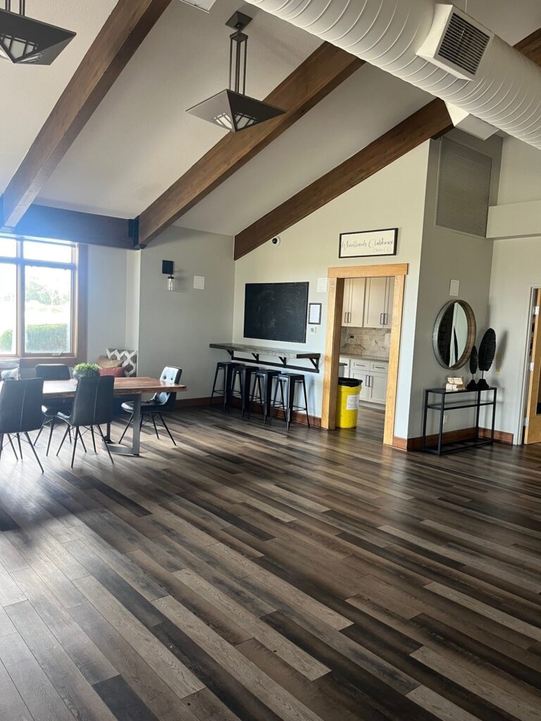 Dining area and kitchen of Wheatlands clubhouse.