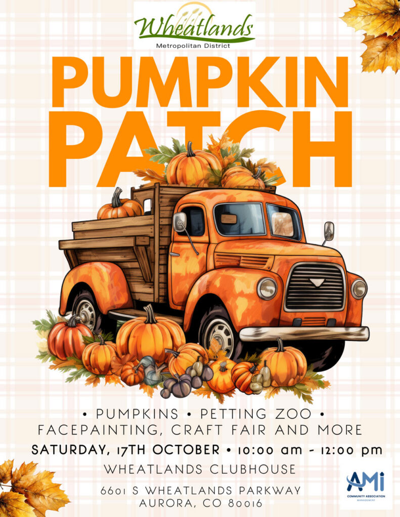 Pumpkin Patch event flyer with pumpkins and orange farm truck. Event is 10/17/26 at 10am.