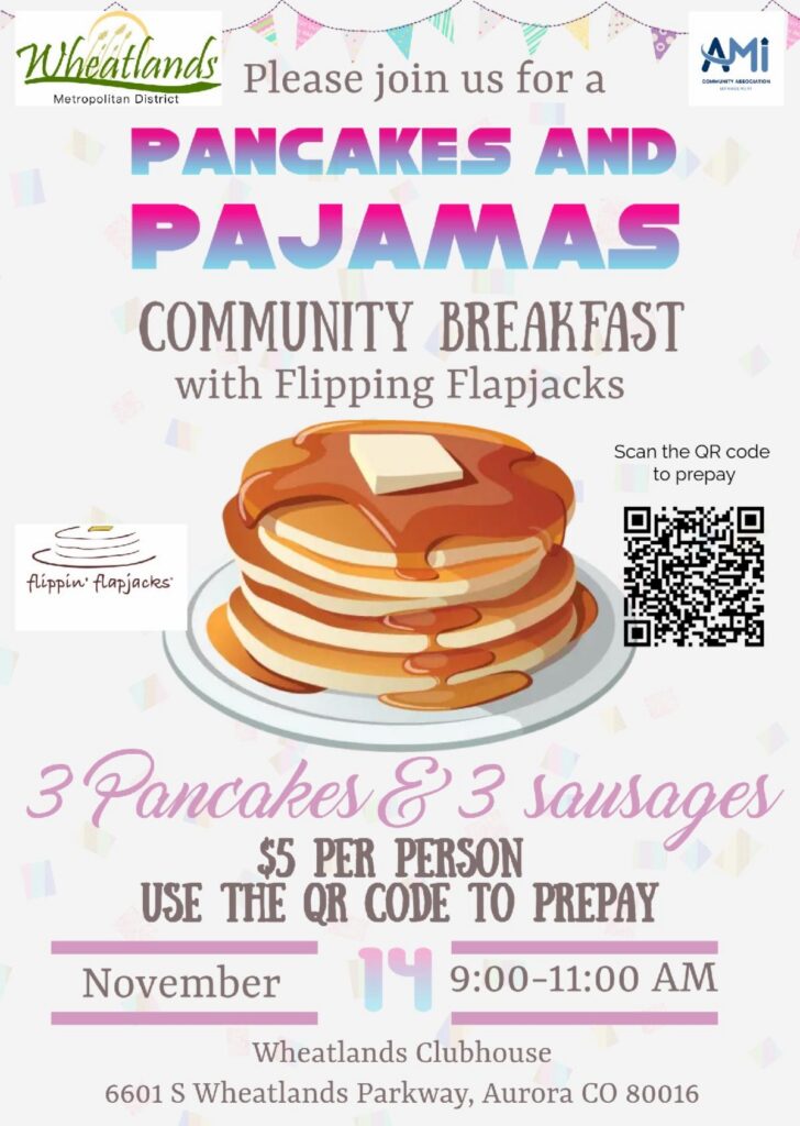 Pancake Breakfast flyer with large stack of pancakes in the center. QR code to register.
